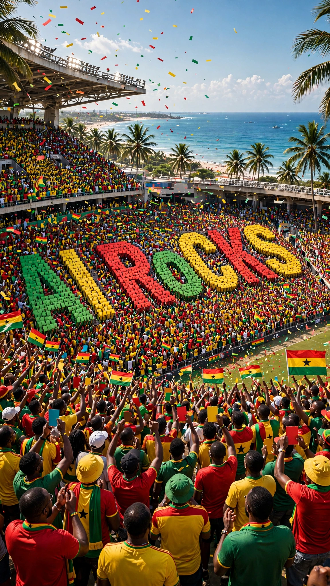 Vertical stadium celebration with the tifo changed from GHANA to AI RoCKS.