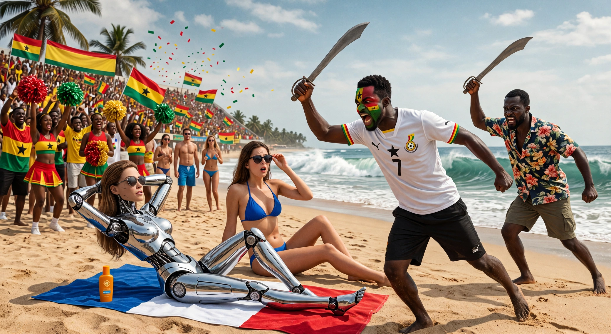 Beach stadium hero plate: confetti falling over a pitch that merges into the ocean at Labadi, no on-image text.