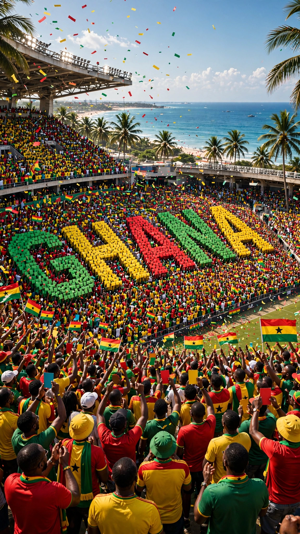 Vertical stadium crowd holding a GHANA tifo across the stand, before the AI RoCKS change.