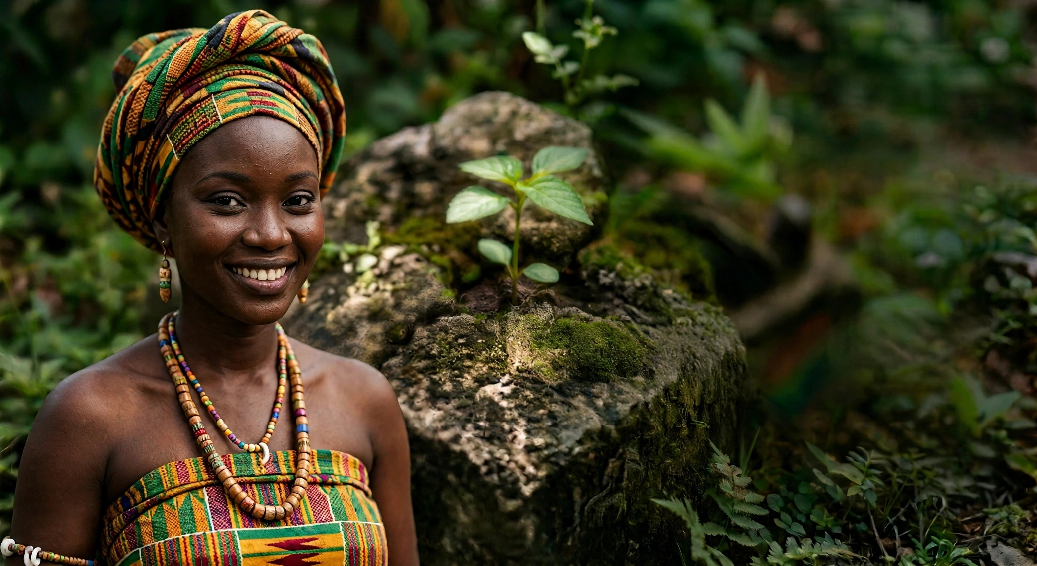 Kente Queen standing in dark forest, portrait crop, no on-image text.