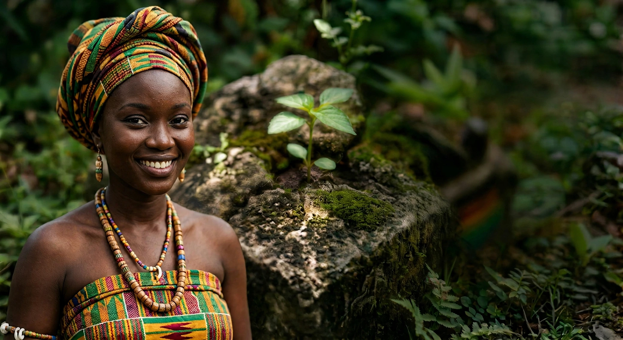 Kente Queen forest portrait, second variant, CORNERSTONE title removed.