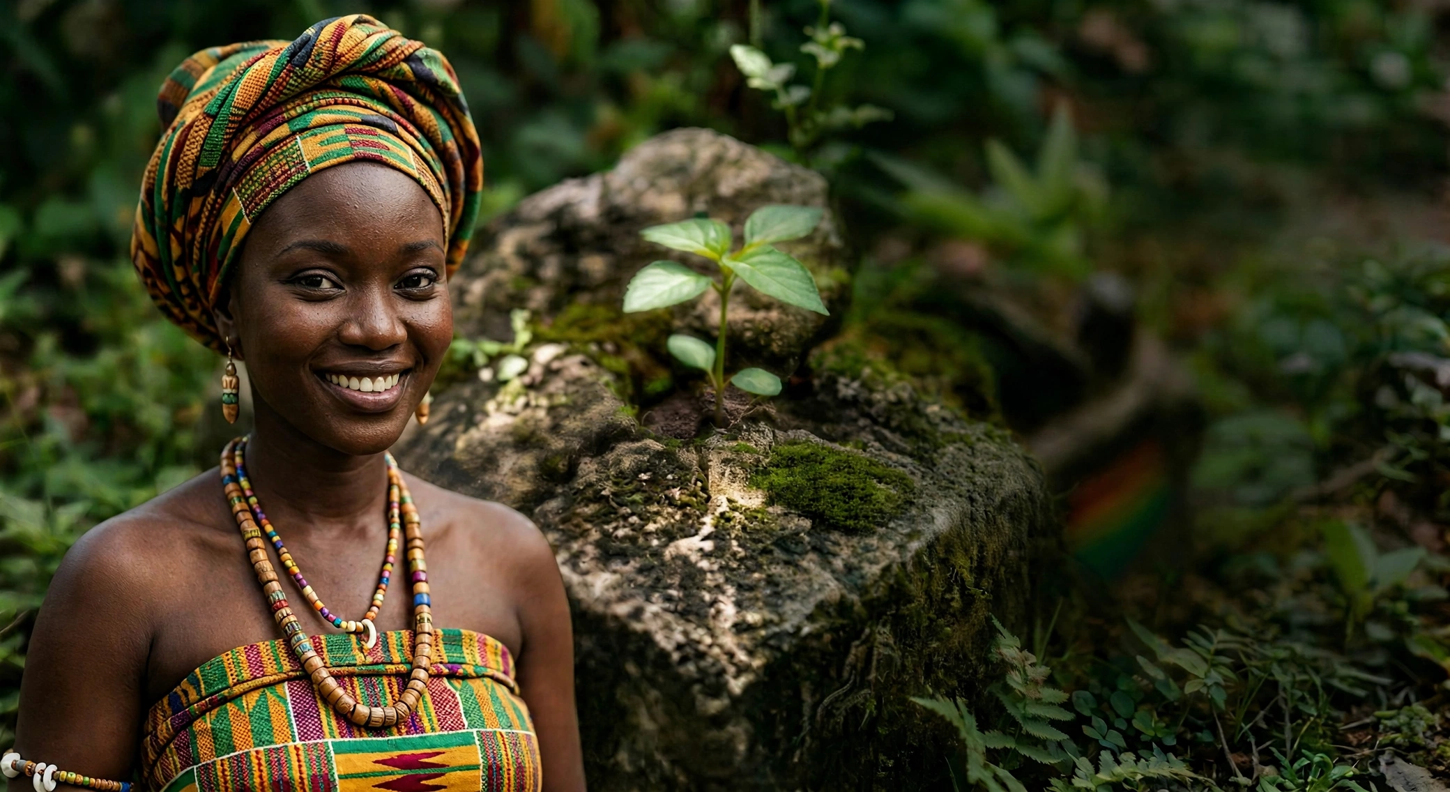 Kente Queen forest portrait, third variant, framed for a streaming thumbnail.