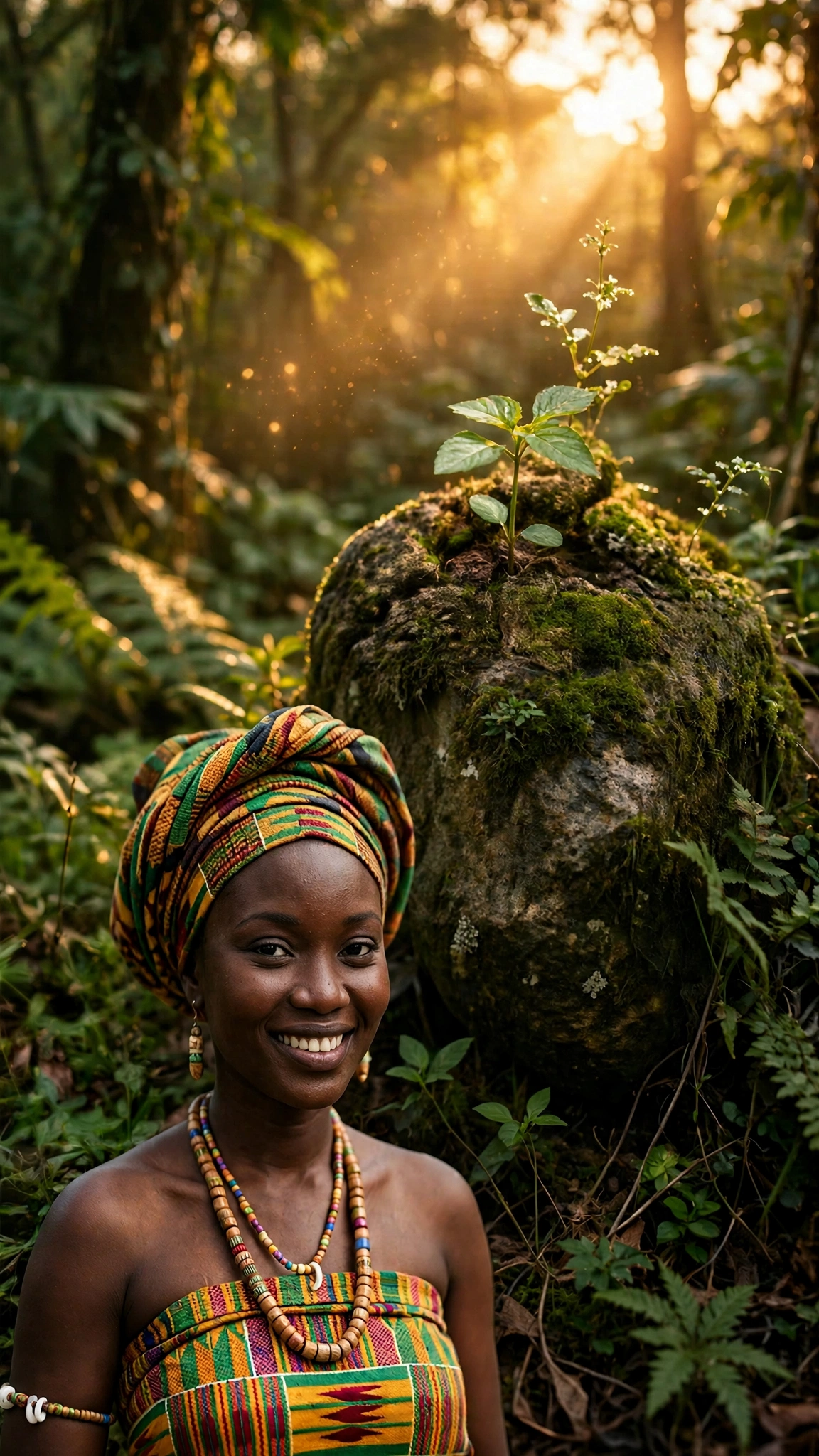 Vertical 9:16 crop of the Kente Queen in golden hour forest light, no text.