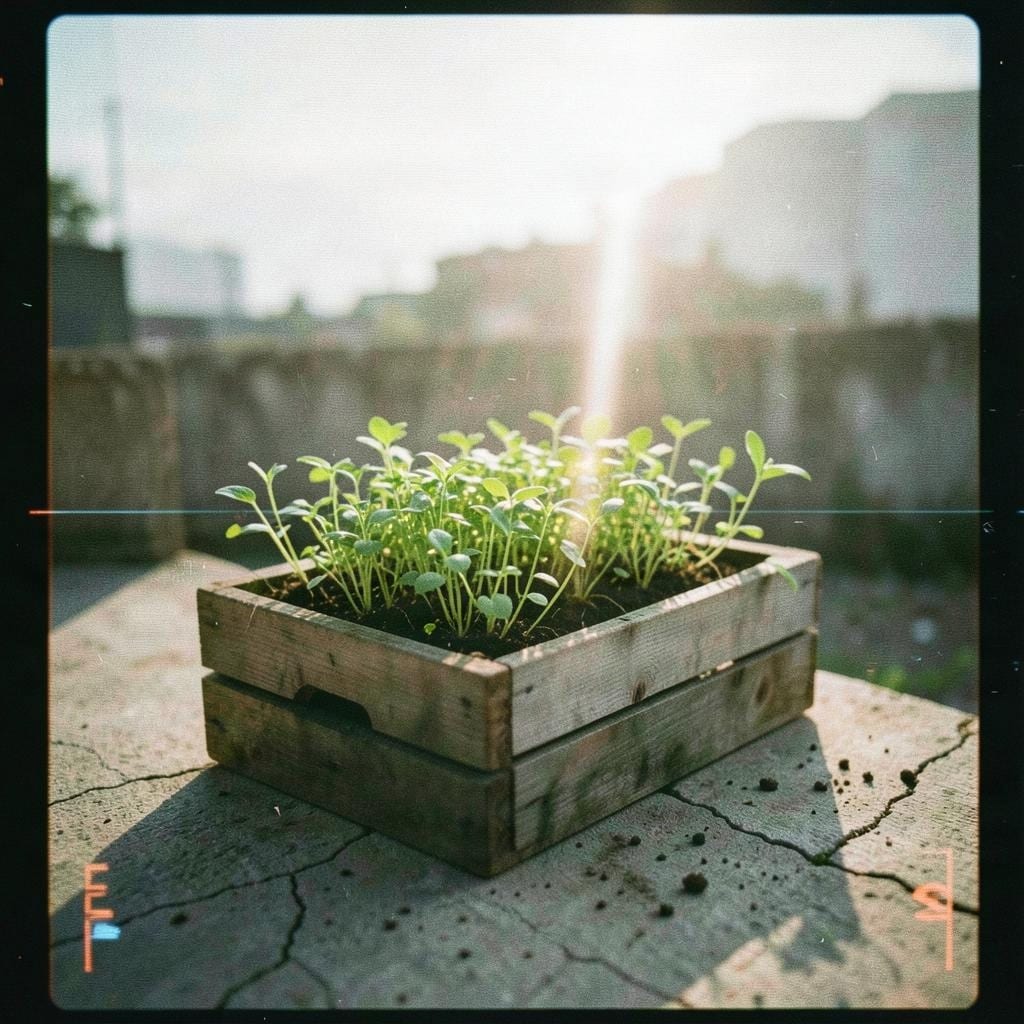 Main cover seedlings in wooden crate rooftop 2117