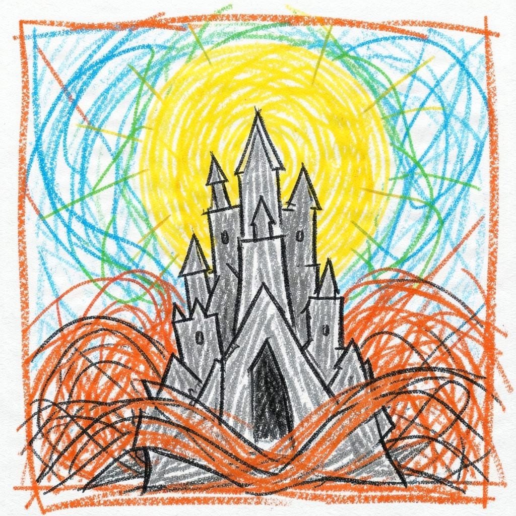Child crayon drawing dark castle orange scribbles yellow sun innocence