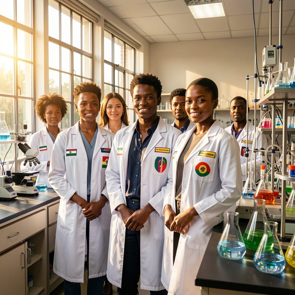 New generation young diverse African scientists lab coats sunlit lab